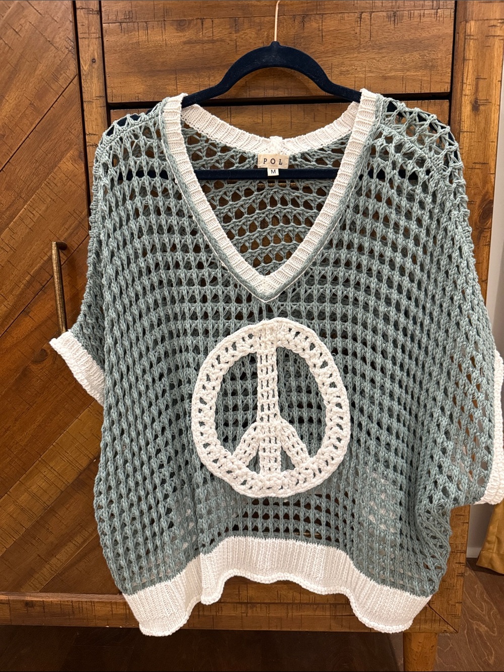 POL Sage Green Crochet Peace Sign Pullover with Cream Trim